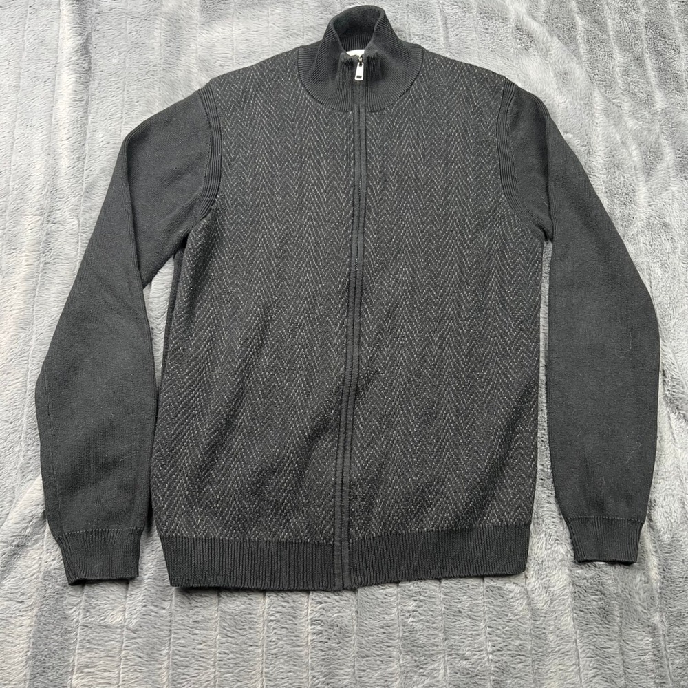 Calvin Klein Mens Full Zip Cardigan Sweater Black Grey Herringbone Mock Neck S